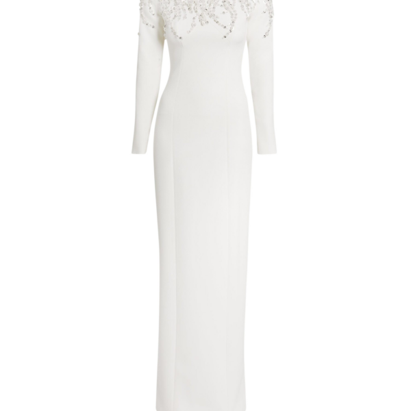Safiyaa Gioia Long Dress in Ivory with Crystal Embroidery
