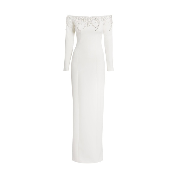 Safiyaa Gioia Long Dress in Ivory with Crystal Embroidery - Safiyaa Dresses - Heavy Crepe Cape Gown - Shop at Luxury Shoes 