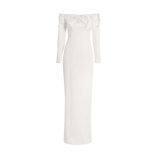Safiyaa Gioia Long Dress in Ivory with Crystal Embroidery - Safiyaa Dresses - Heavy Crepe Cape Gown - Shop at Luxury Shoes 
