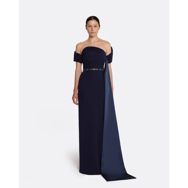 Safiyaa Giorgia Long Dress in Azurite with Multi-blues - Safiyaa Dresses - Heavy Crepe Cape Gown - Shop at Luxury Shoes 