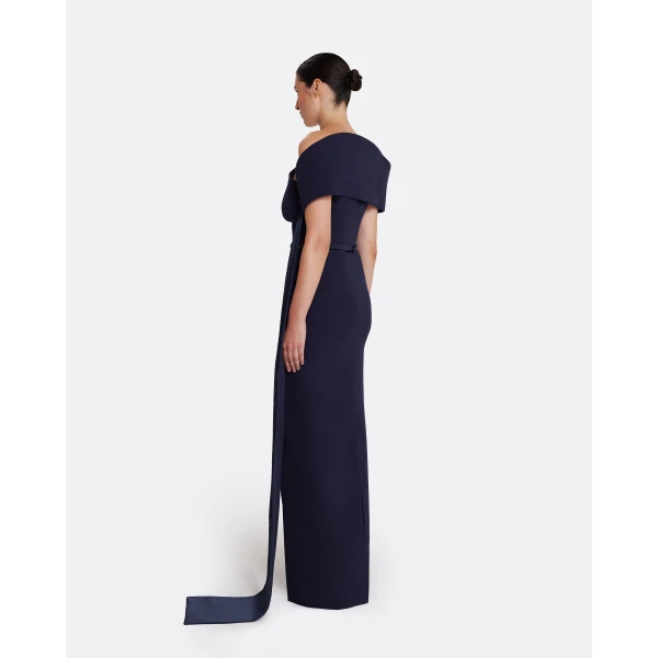 Safiyaa Giorgia Long Dress in Azurite with Multi-blues - Safiyaa Dresses - Heavy Crepe Cape Gown - Shop at Luxury Shoes 