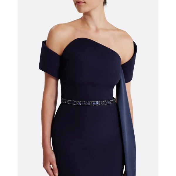 Safiyaa Giorgia Long Dress in Azurite with Multi-blues - Safiyaa Dresses - Heavy Crepe Cape Gown - Shop at Luxury Shoes 