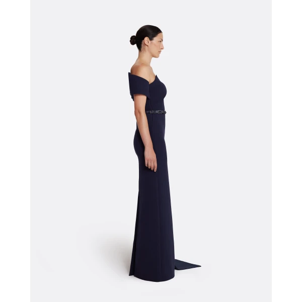 Safiyaa Giorgia Long Dress in Azurite with Multi-blues - Safiyaa Dresses - Heavy Crepe Cape Gown - Shop at Luxury Shoes 