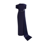 Safiyaa Giorgia Long Dress in Azurite with Multi-blues - Safiyaa Dresses - Heavy Crepe Cape Gown - Shop at Luxury Shoes 