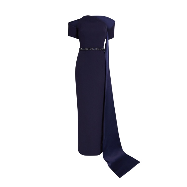 Safiyaa Giorgia Long Dress in Azurite with Multi-blues - Safiyaa Dresses - Heavy Crepe Cape Gown - Shop at Luxury Shoes 