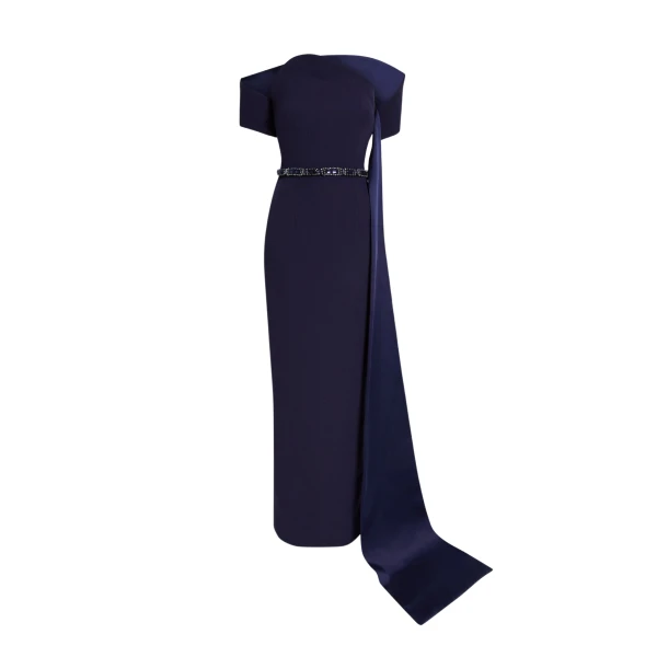 Safiyaa Giorgia Long Dress in Azurite with Multi-blues - Safiyaa Dresses - Heavy Crepe Cape Gown - Shop at Luxury Shoes 