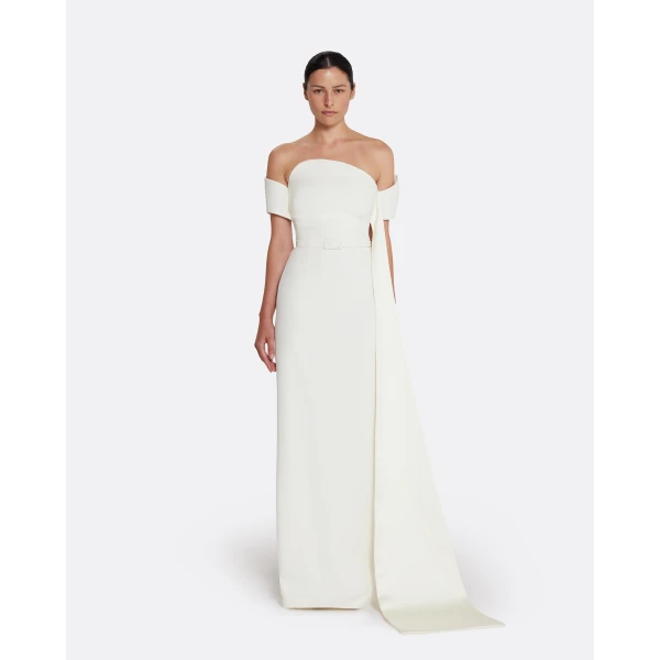 Safiyaa Giorgia Long Dress in Ivory - Safiyaa Dresses - Heavy Crepe Cape Gown - Shop at Luxury Shoes 