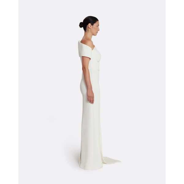 Safiyaa Giorgia Long Dress in Ivory - Safiyaa Dresses - Heavy Crepe Cape Gown - Shop at Luxury Shoes 