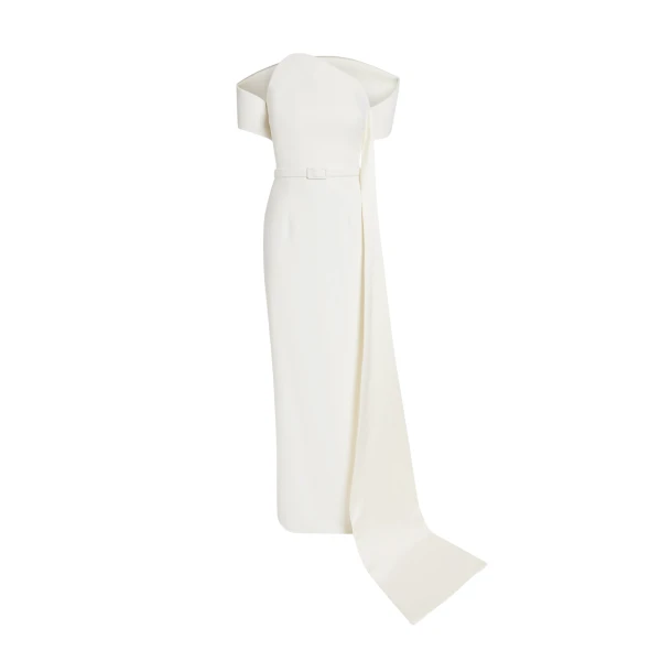 Safiyaa Giorgia Long Dress in Ivory - Safiyaa Dresses - Heavy Crepe Cape Gown - Shop at Luxury Shoes 