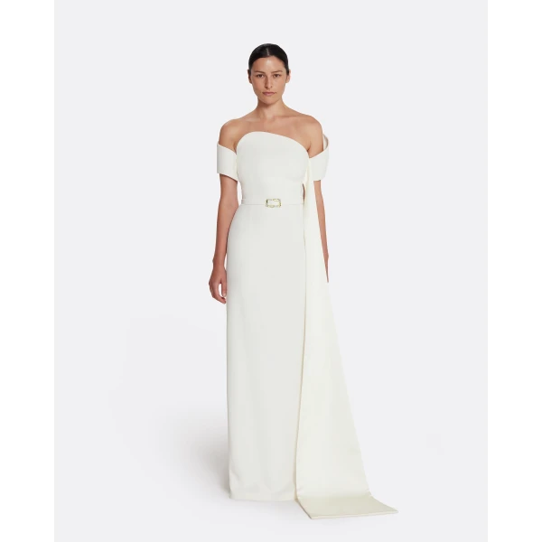 Safiyaa Giorgia Long Dress in Ivory with Embellished Belt - Safiyaa Dresses - Heavy Crepe Cape Gown - Shop at Luxury Shoes 