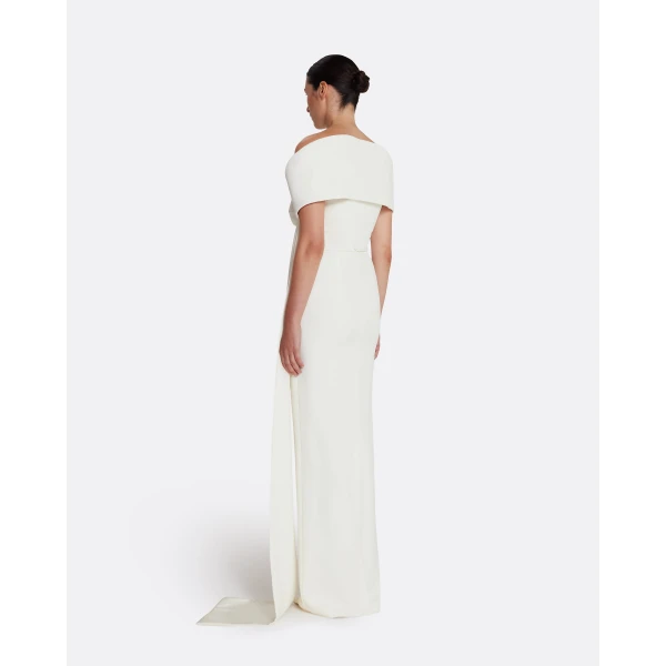 Safiyaa Giorgia Long Dress in Ivory with Embellished Belt - Safiyaa Dresses - Heavy Crepe Cape Gown - Shop at Luxury Shoes 