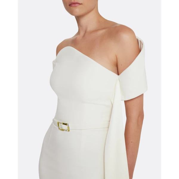 Safiyaa Giorgia Long Dress in Ivory with Embellished Belt - Safiyaa Dresses - Heavy Crepe Cape Gown - Shop at Luxury Shoes 