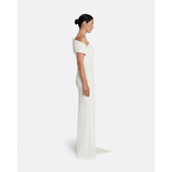 Safiyaa Giorgia Long Dress in Ivory with Embellished Belt - Safiyaa Dresses - Heavy Crepe Cape Gown - Shop at Luxury Shoes 