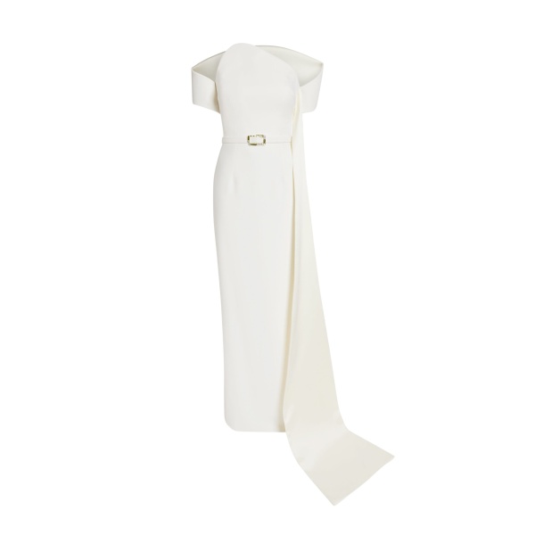 Safiyaa Giorgia Long Dress in Ivory with Embellished Belt - Safiyaa Dresses - Heavy Crepe Cape Gown - Shop at Luxury Shoes 