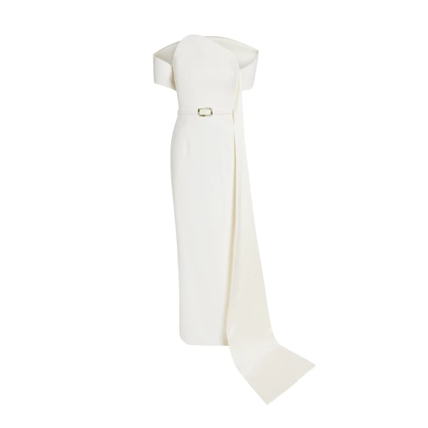 Safiyaa Giorgia Long Dress in Ivory with Embellished Belt - Safiyaa Dresses - Heavy Crepe Cape Gown - Shop at Luxury Shoes 