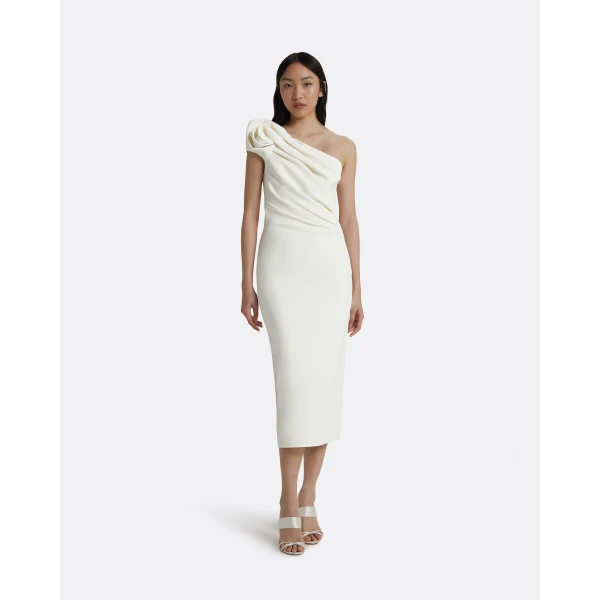 Safiyaa Granalle Ivory Midi Dress - Safiyaa Dresses - Heavy Crepe Cape Gown - Shop at Luxury Shoes 