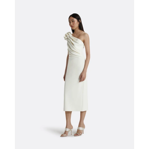 Safiyaa Granalle Ivory Midi Dress - Safiyaa Dresses - Heavy Crepe Cape Gown - Shop at Luxury Shoes 