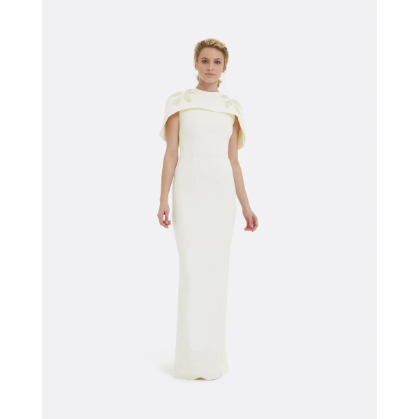 Safiyaa Kalika Curled Leaf Embroidered Long Dress - Safiyaa Dresses - Heavy Crepe Cape Gown - Shop at Luxury Shoes 
