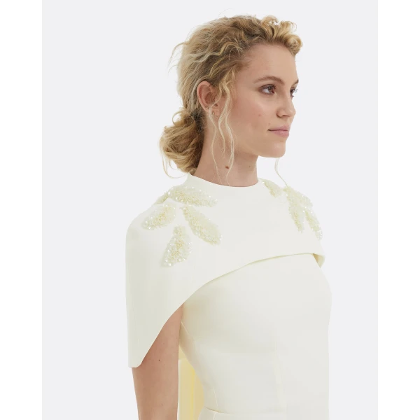 Safiyaa Kalika Curled Leaf Embroidered Long Dress - Safiyaa Dresses - Heavy Crepe Cape Gown - Shop at Luxury Shoes 