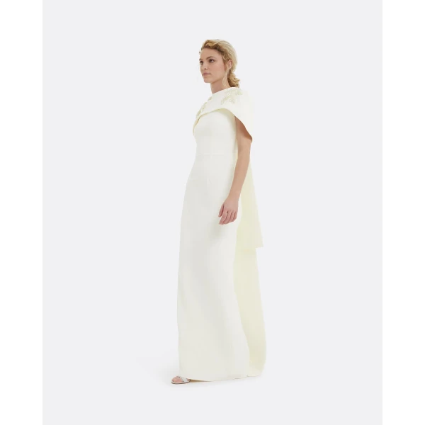 Safiyaa Kalika Curled Leaf Embroidered Long Dress - Safiyaa Dresses - Heavy Crepe Cape Gown - Shop at Luxury Shoes 