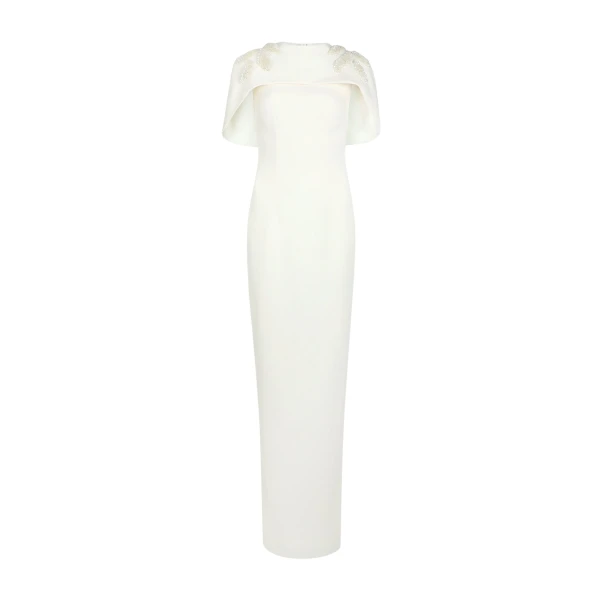 Safiyaa Kalika Curled Leaf Embroidered Long Dress - Safiyaa Dresses - Heavy Crepe Cape Gown - Shop at Luxury Shoes 
