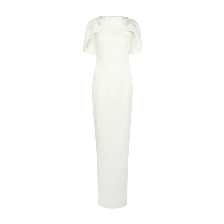 Safiyaa Kalika Curled Leaf Embroidered Long Dress - Safiyaa Dresses - Heavy Crepe Cape Gown - Shop at Luxury Shoes 