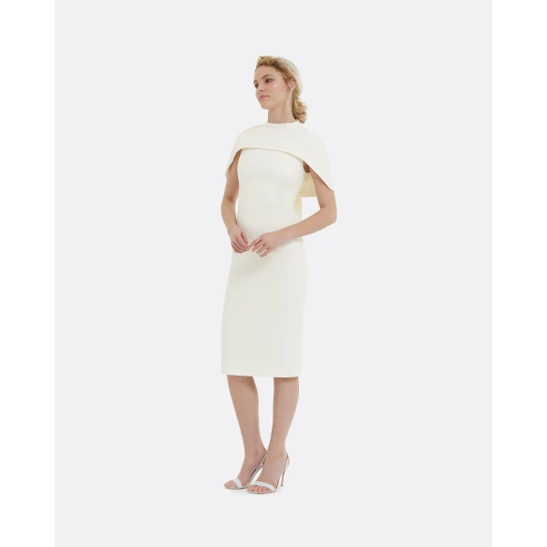 Safiyaa Kalika Ivory Midi Dress - Safiyaa Dresses - Heavy Crepe Cape Gown - Shop at Luxury Shoes 