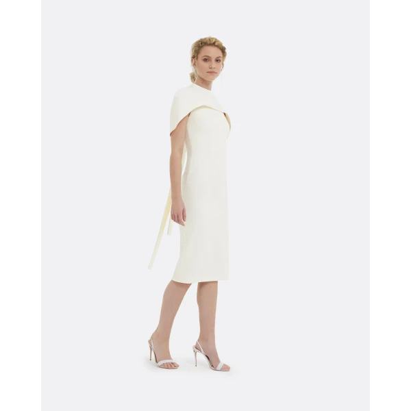Safiyaa Kalika Ivory Midi Dress - Safiyaa Dresses - Heavy Crepe Cape Gown - Shop at Luxury Shoes 
