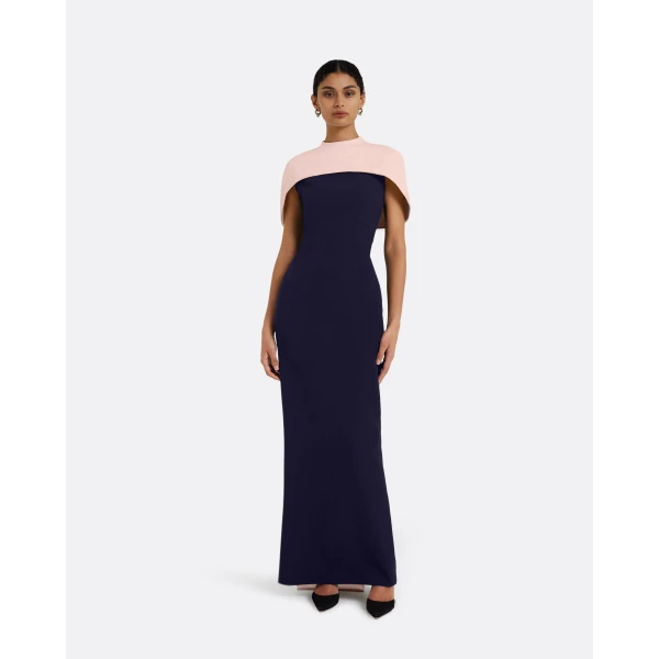 Safiyaa Kalika Long Dress in Azurite & Pale Pink - Safiyaa Dresses - Heavy Crepe Cape Gown - Shop at Luxury Shoes 
