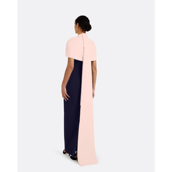 Safiyaa Kalika Long Dress in Azurite & Pale Pink - Safiyaa Dresses - Heavy Crepe Cape Gown - Shop at Luxury Shoes 