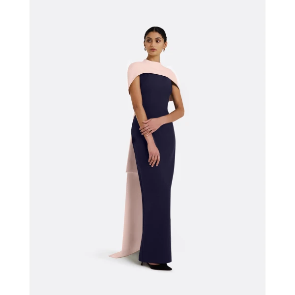 Safiyaa Kalika Long Dress in Azurite & Pale Pink - Safiyaa Dresses - Heavy Crepe Cape Gown - Shop at Luxury Shoes 