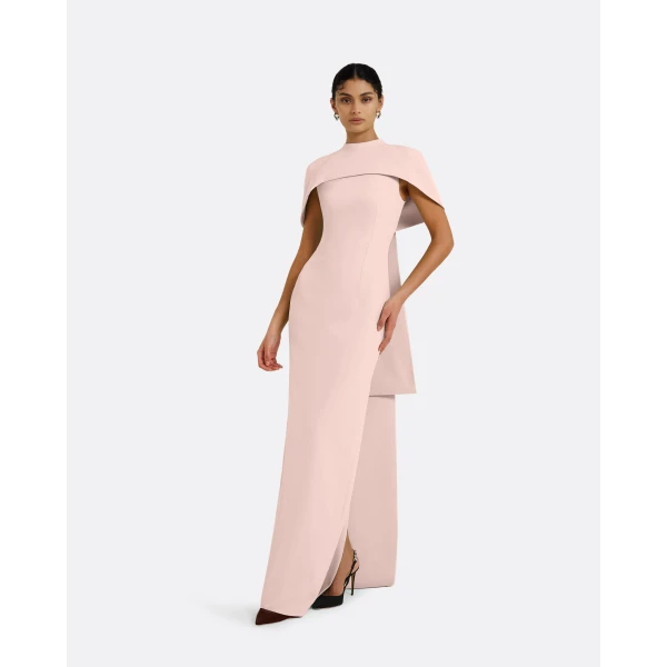 Safiyaa Kalika Long Dress in Pale Pink - Safiyaa Dresses - Heavy Crepe Cape Gown - Shop at Luxury Shoes 