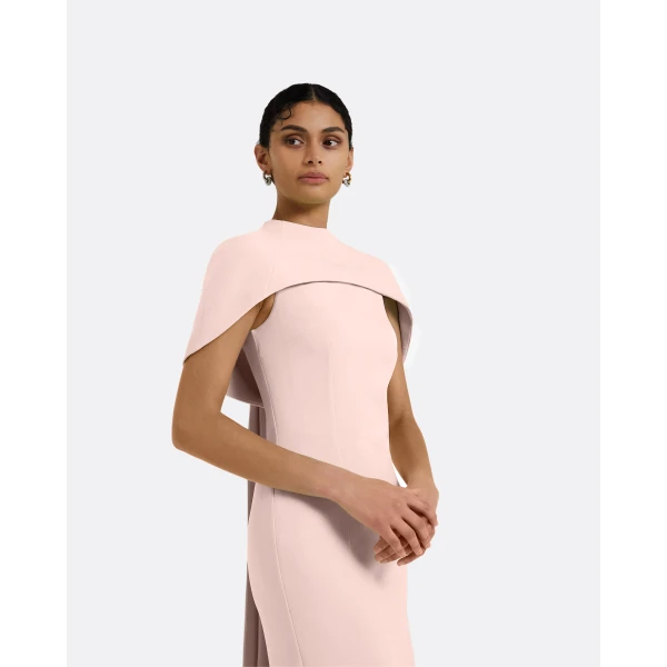 Safiyaa Kalika Long Dress in Pale Pink - Safiyaa Dresses - Heavy Crepe Cape Gown - Shop at Luxury Shoes 