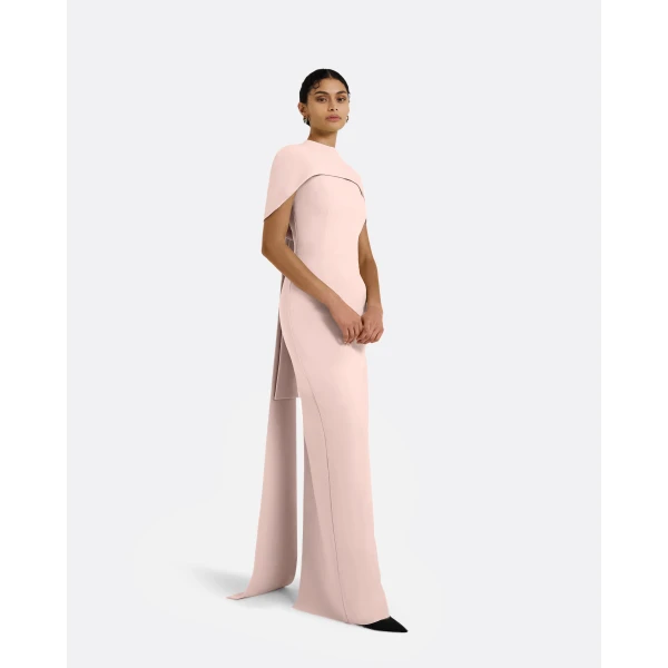 Safiyaa Kalika Long Dress in Pale Pink - Safiyaa Dresses - Heavy Crepe Cape Gown - Shop at Luxury Shoes 