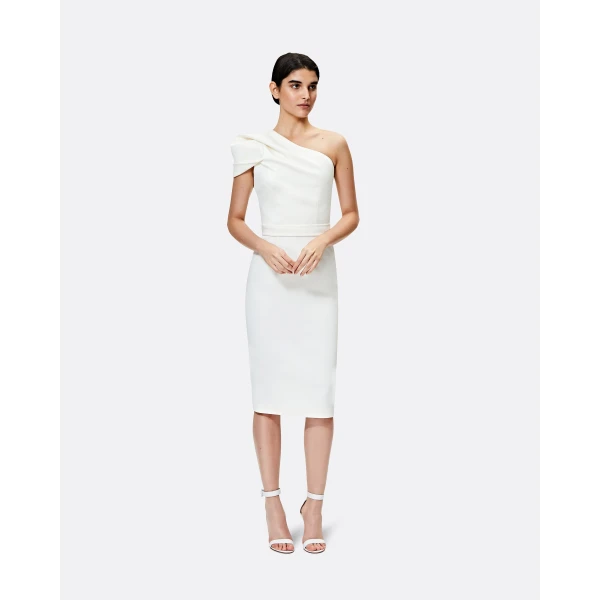 Safiyaa Kora Ivory Midi Dress - Safiyaa Dresses - Heavy Crepe Cape Gown - Shop at Luxury Shoes 
