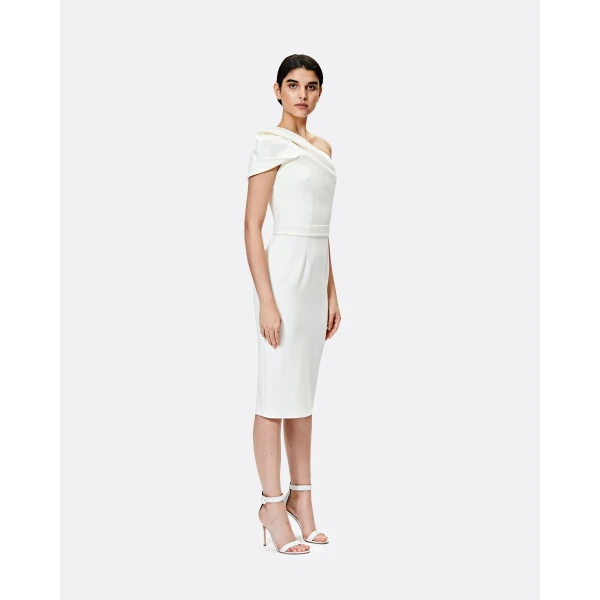 Safiyaa Kora Ivory Midi Dress - Safiyaa Dresses - Heavy Crepe Cape Gown - Shop at Luxury Shoes 
