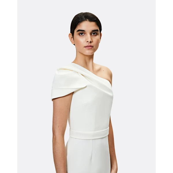 Safiyaa Kora Ivory Midi Dress - Safiyaa Dresses - Heavy Crepe Cape Gown - Shop at Luxury Shoes 