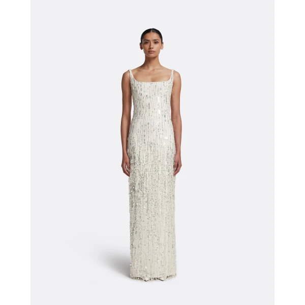 Safiyaa Kristena Long Dress in Ivory with Crystal Embellishment - Safiyaa Dresses - Heavy Crepe Cape Gown - Shop at Luxury Shoes 