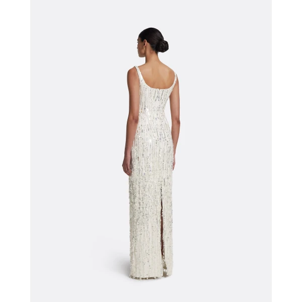 Safiyaa Kristena Long Dress in Ivory with Crystal Embellishment - Safiyaa Dresses - Heavy Crepe Cape Gown - Shop at Luxury Shoes 