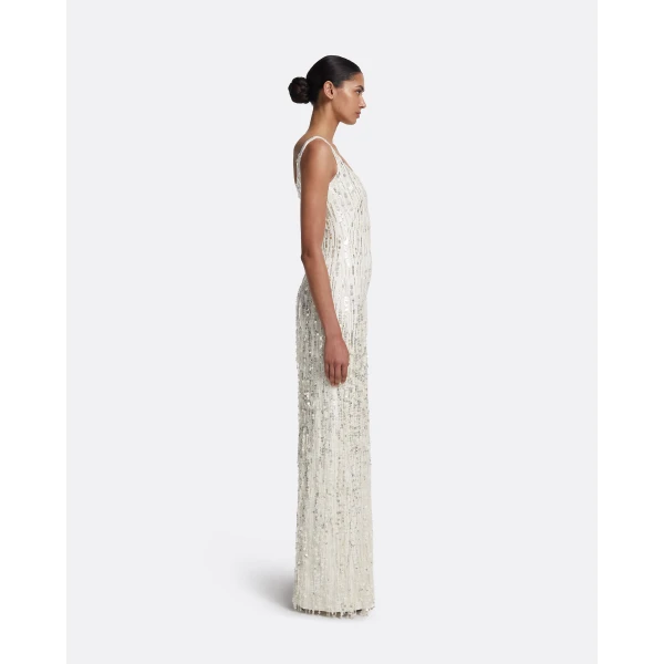 Safiyaa Kristena Long Dress in Ivory with Crystal Embellishment - Safiyaa Dresses - Heavy Crepe Cape Gown - Shop at Luxury Shoes 