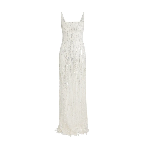 Safiyaa Kristena Long Dress in Ivory with Crystal Embellishment - Safiyaa Dresses - Heavy Crepe Cape Gown - Shop at Luxury Shoes 