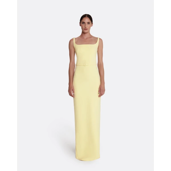 Safiyaa Kristena Long Dress in Pale Yellow - Safiyaa Dresses - Heavy Crepe Cape Gown - Shop at Luxury Shoes 