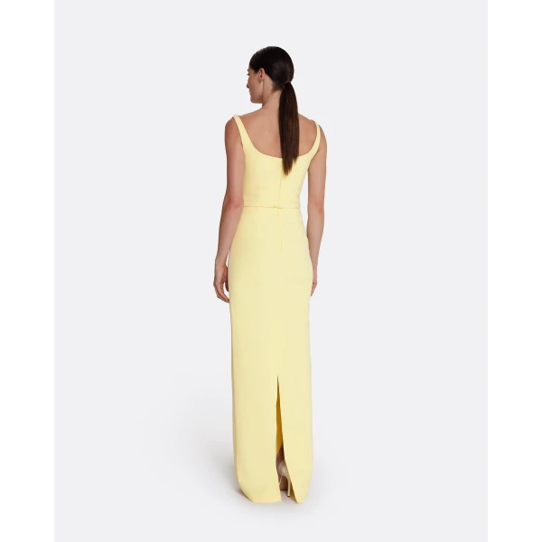 Safiyaa Kristena Long Dress in Pale Yellow - Safiyaa Dresses - Heavy Crepe Cape Gown - Shop at Luxury Shoes 