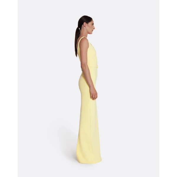 Safiyaa Kristena Long Dress in Pale Yellow - Safiyaa Dresses - Heavy Crepe Cape Gown - Shop at Luxury Shoes 