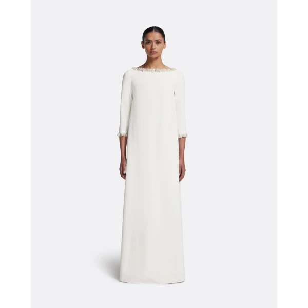 Safiyaa Lanai Long Dress in Ivory with Crystal - Safiyaa Dresses - Heavy Crepe Cape Gown - Shop at Luxury Shoes 