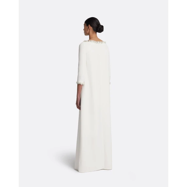 Safiyaa Lanai Long Dress in Ivory with Crystal - Safiyaa Dresses - Heavy Crepe Cape Gown - Shop at Luxury Shoes 