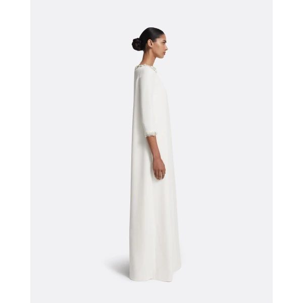 Safiyaa Lanai Long Dress in Ivory with Crystal - Safiyaa Dresses - Heavy Crepe Cape Gown - Shop at Luxury Shoes 