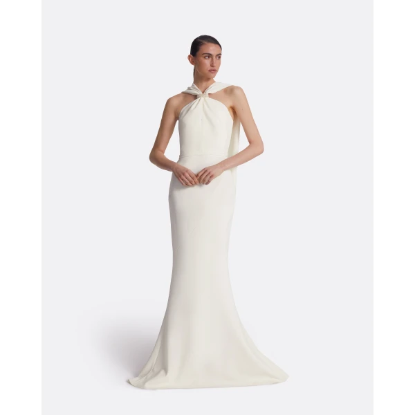 Safiyaa Lilien Ivory long Dress - Safiyaa Dresses - Heavy Crepe Cape Gown - Shop at Luxury Shoes 
