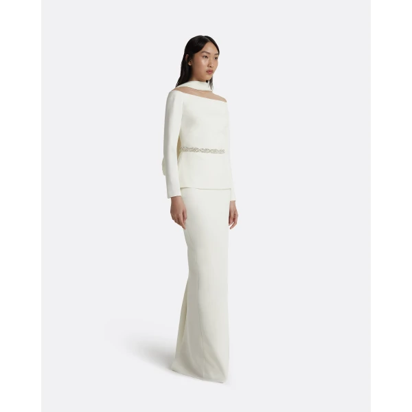 Safiyaa Lucile Ivory Top With Embroidered Belt - Safiyaa Tops - Heavy Crepe Cape Gown - Shop at Luxury Shoes 