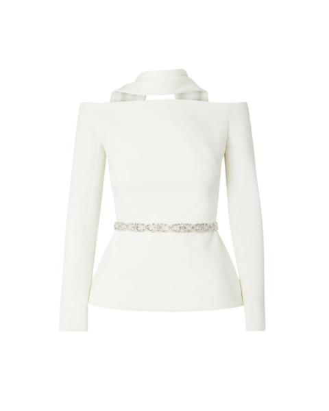 Safiyaa Lucile Ivory Top With Embroidered Belt - Safiyaa Tops - Heavy Crepe Cape Gown - Shop at Luxury Shoes 